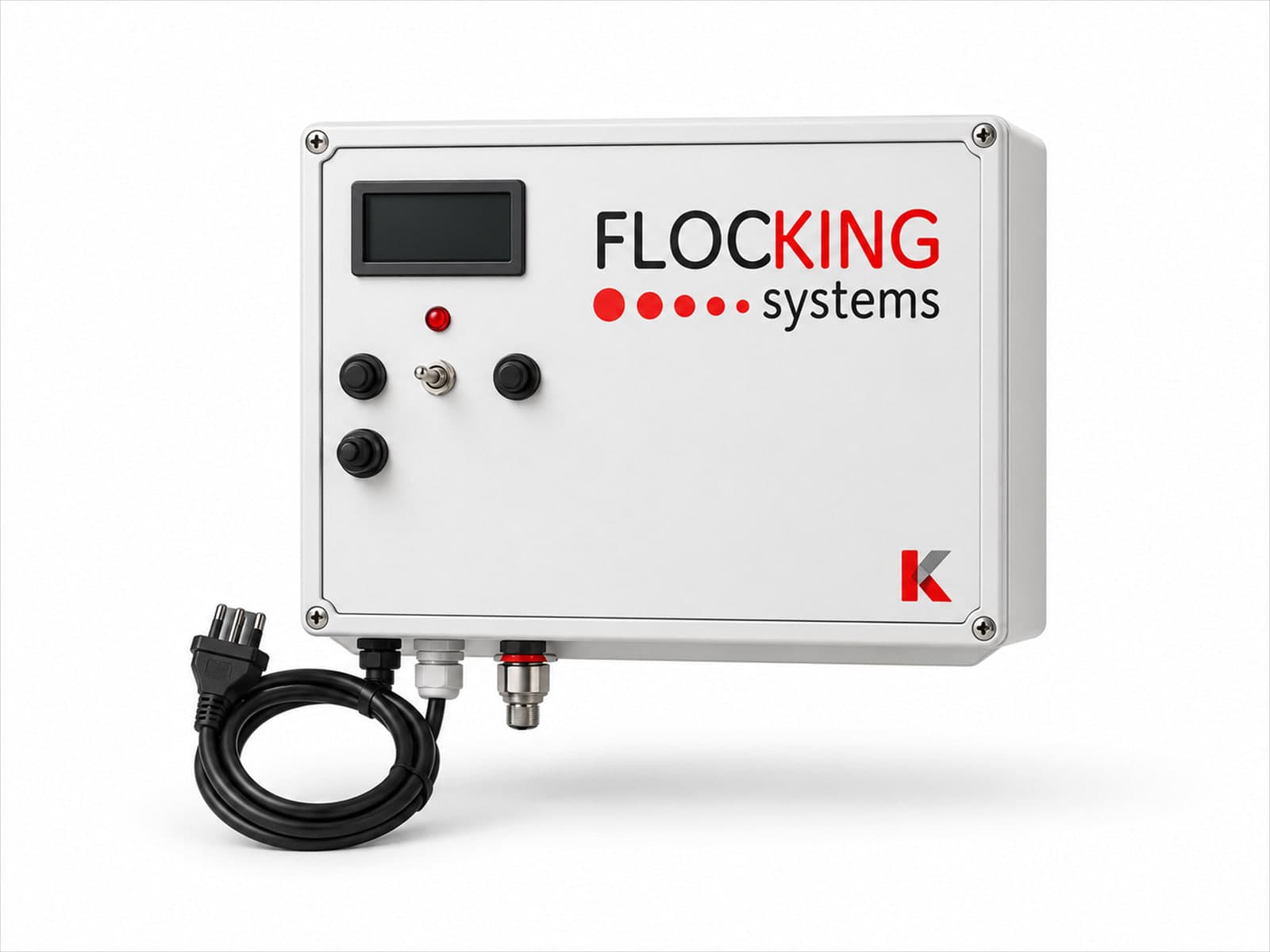 Unidade de controle da máquina de flocagem KM-100, com display digital, botões e cabo, sobre fundo branco