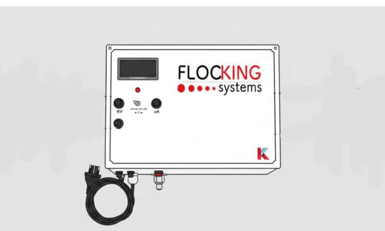 Máquina de flocagem eletrostática KM-100, com painel de controle digital e mangueira de saída