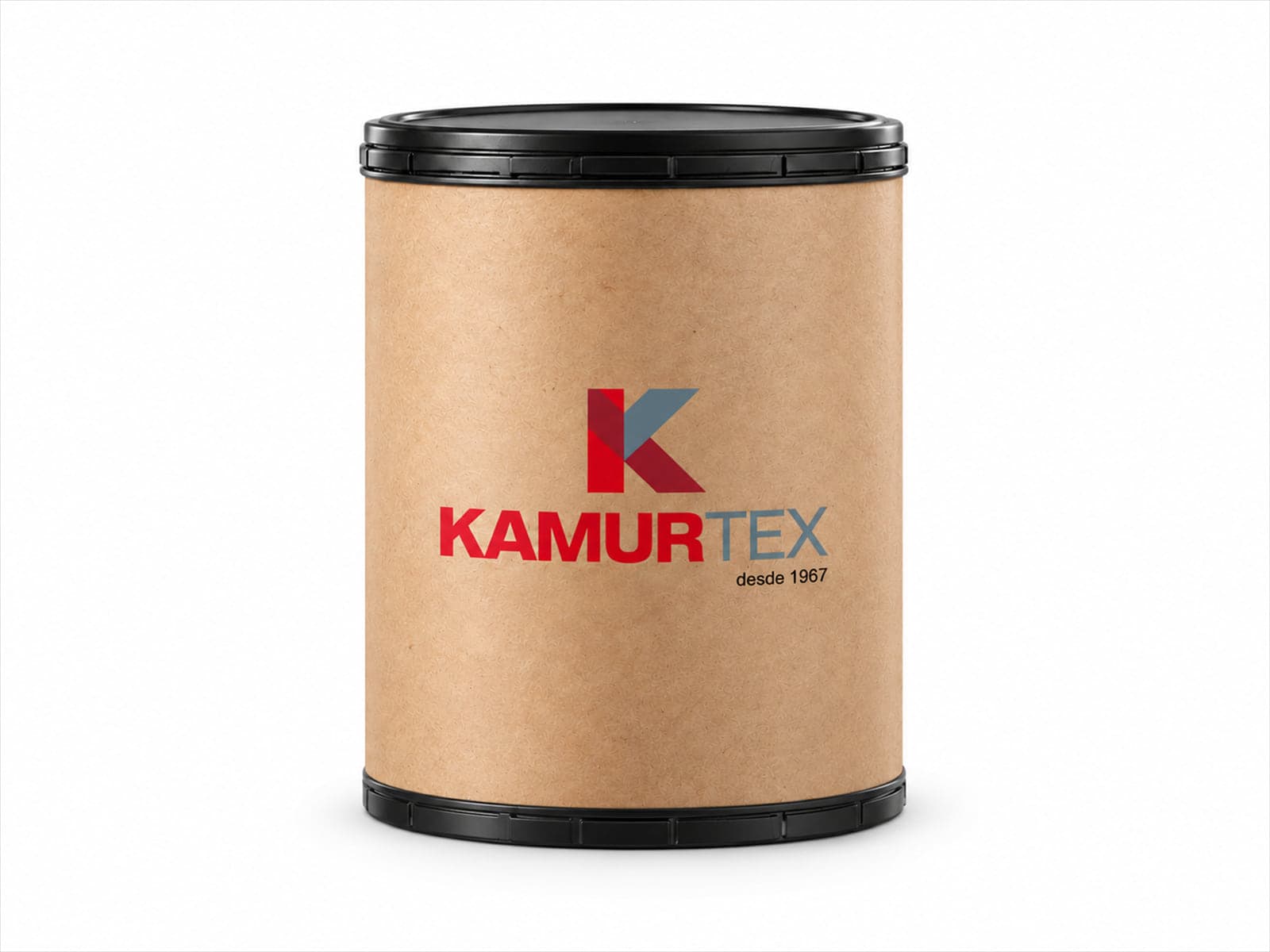 Barrica cilíndrica de papelão kraft com tampa e aro inferior pretos e o logo Kamurtex na lateral, sobre fundo branco