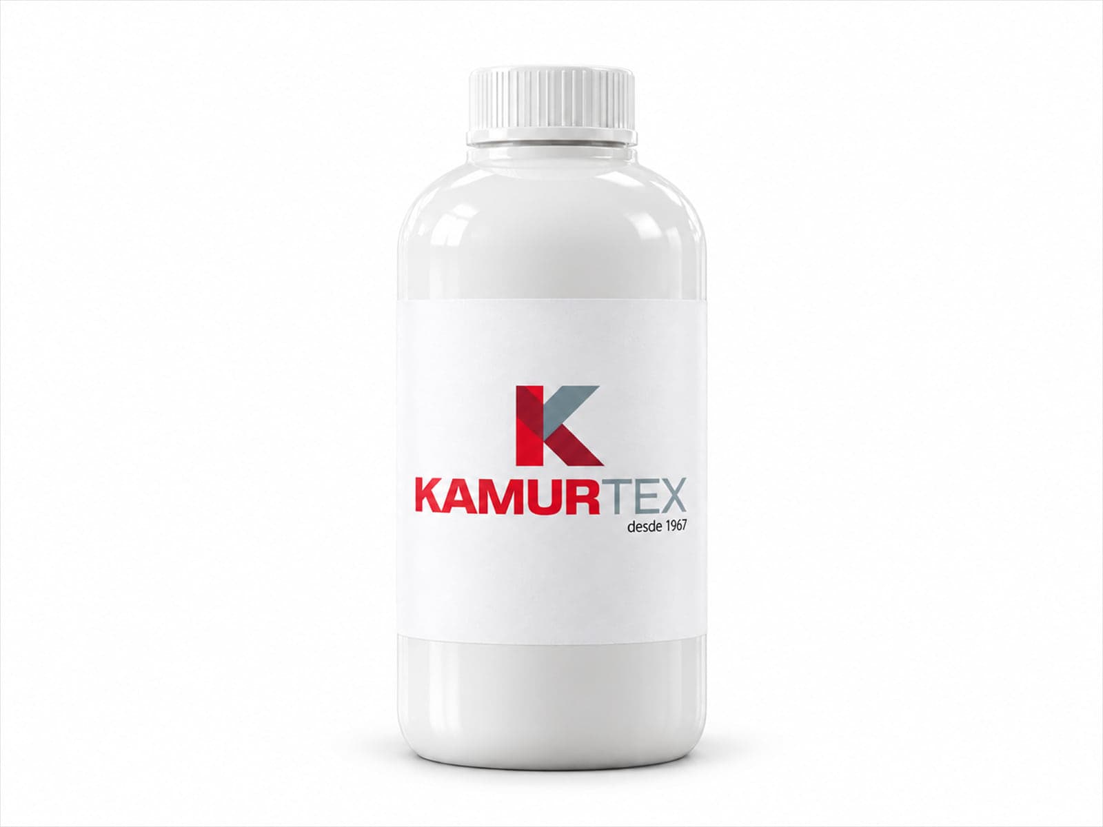 Frasco plástico branco de 1 litro com rótulo do logo Kamurtex, sobre fundo branco