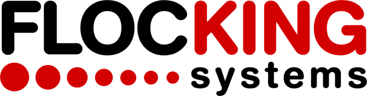 Logo da Flocking Systems, com “FLOC” em preto, “KING” em vermelho e uma fileira de pontos vermelhos ao lado de “systems”